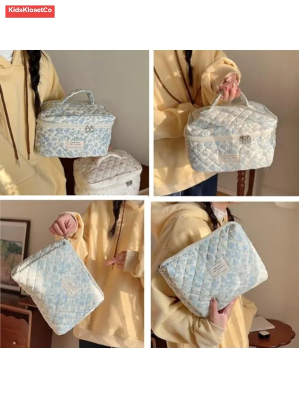 Cotton Quilted Makeup Bag Set Floral Cosmetic Toiletry Travel Organizer 3 Piece